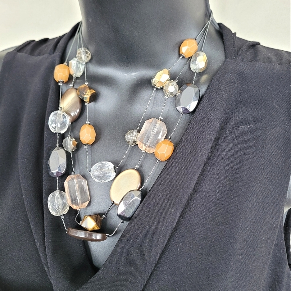 Vintage NY Collection triple strand beaded necklace gunmetal grey chain